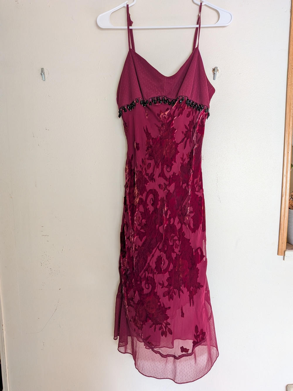Vintage Betsey Johnson New York Burgundy Floral Flocked Mesh Slip Dress